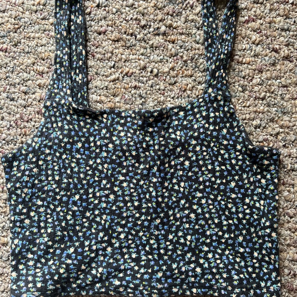 American Eagle Outfitters White and Blue Fitted Crop Tank Top